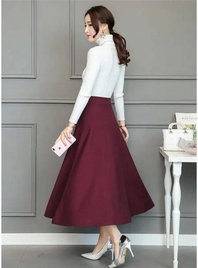 Elastic Waist Long Skirt Maroon Large Size — feature 11