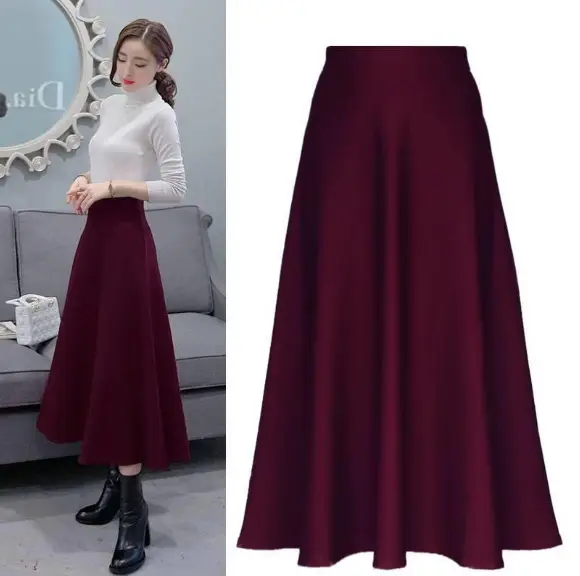 Elastic Waist Long Skirt Maroon Large Size — feature 16