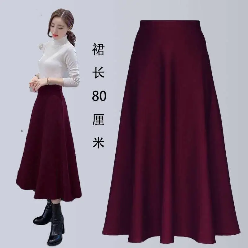 Elastic Waist Long Skirt Maroon Large Size — feature 19