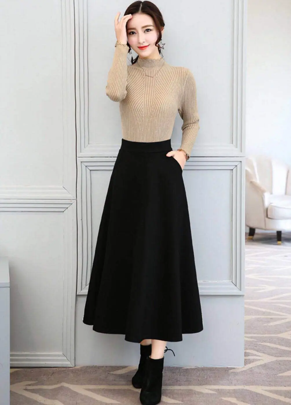 Elastic Waist Long Skirt Maroon Large Size — feature 3