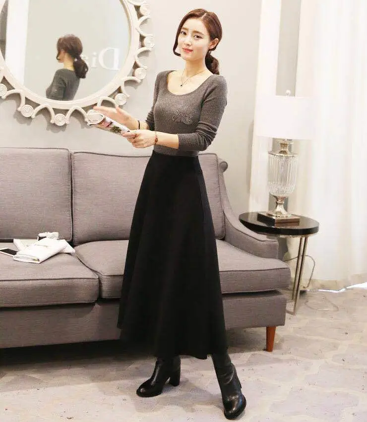 Elastic Waist Long Skirt Maroon Large Size — feature 4