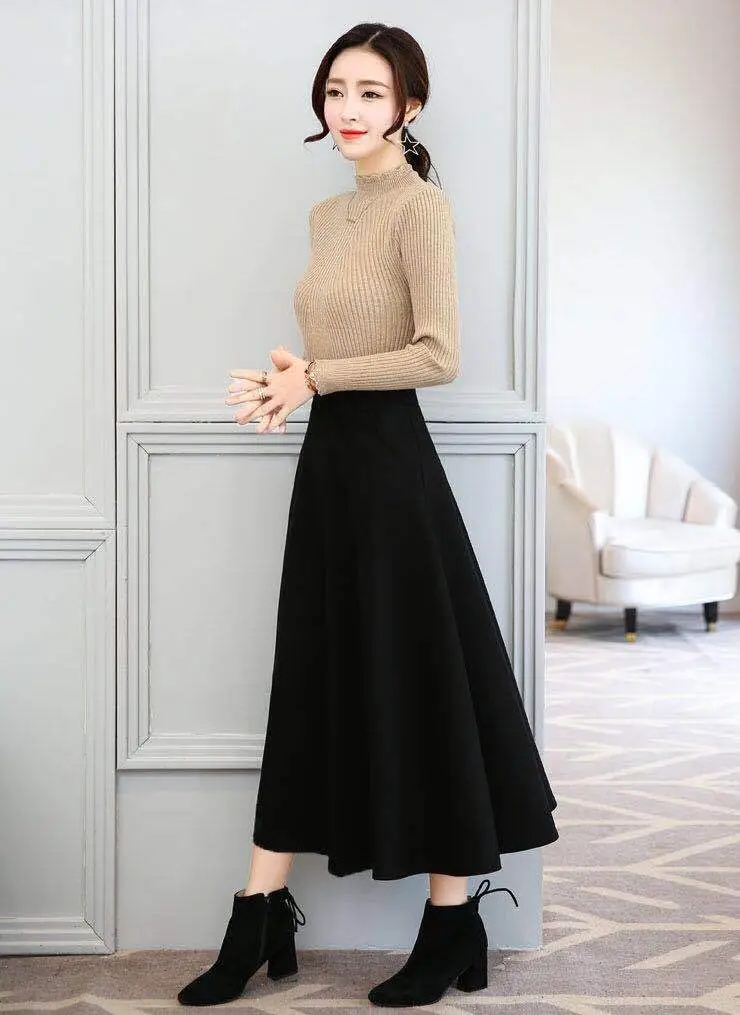 Elastic Waist Long Skirt Maroon Large Size — feature 5