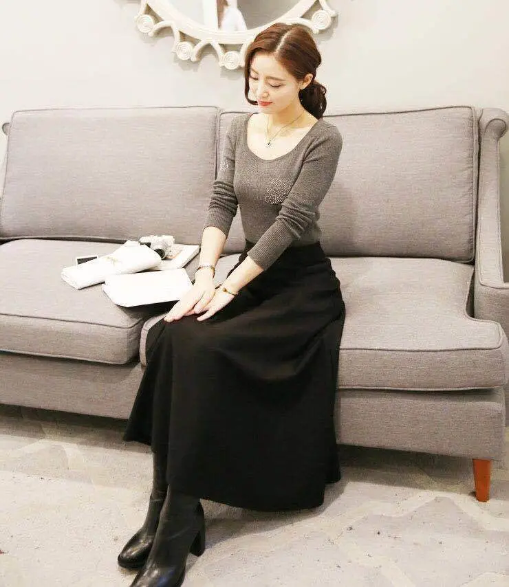 Elastic Waist Long Skirt Maroon Large Size — feature 6