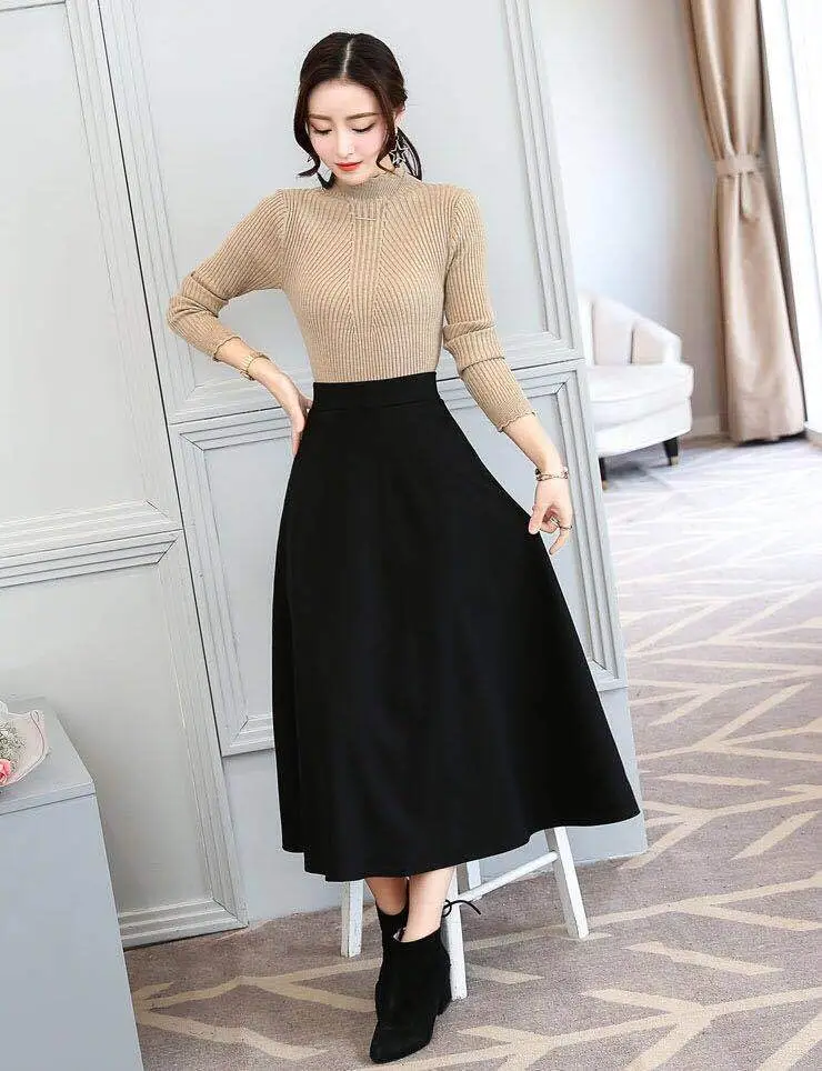 Elastic Waist Long Skirt Maroon Large Size — feature 8