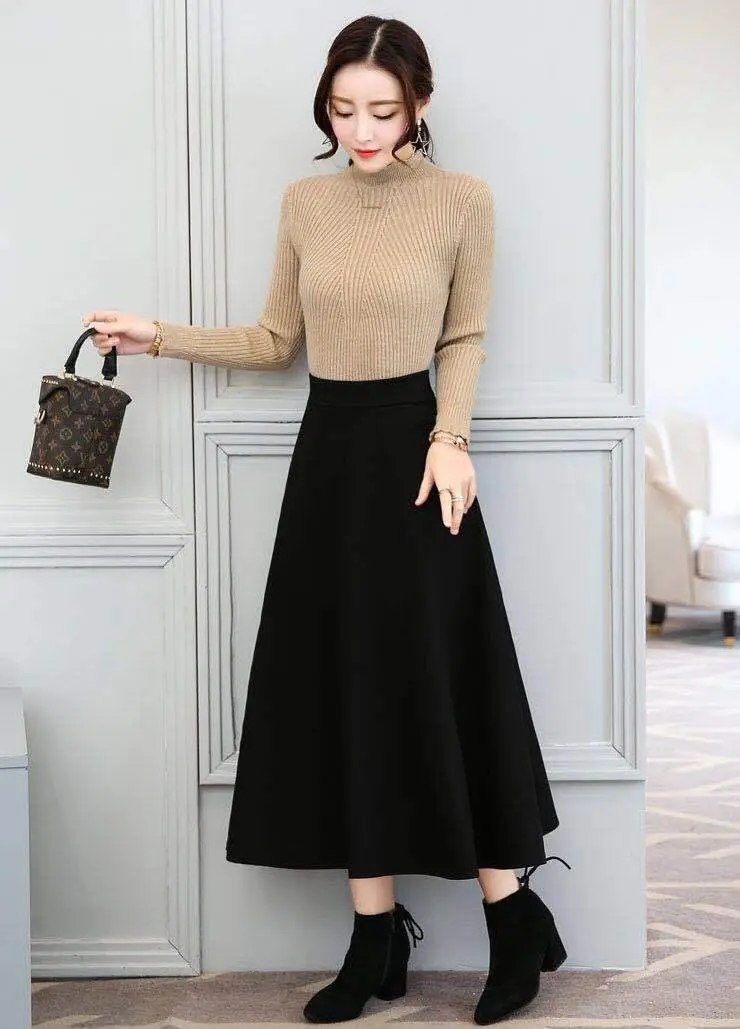 Elastic Waist Long Skirt Maroon Large Size — feature 9