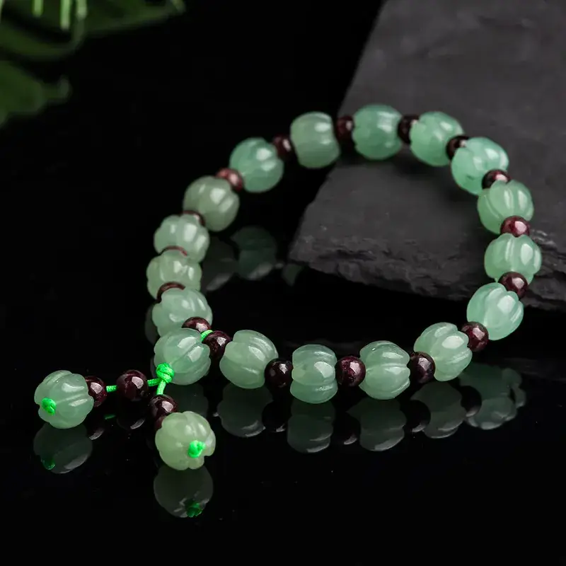 Natural Jade Pumpkin Bracelet with Green & Red Beads