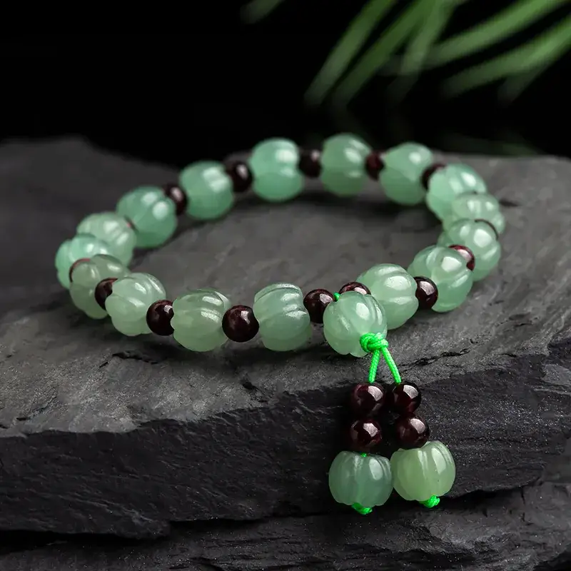 Natural Jade Pumpkin Bracelet with Green & Red Beads