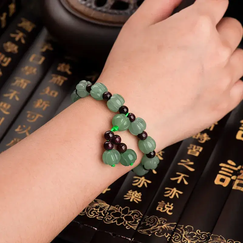 Natural Jade Pumpkin Bracelet with Green & Red Beads