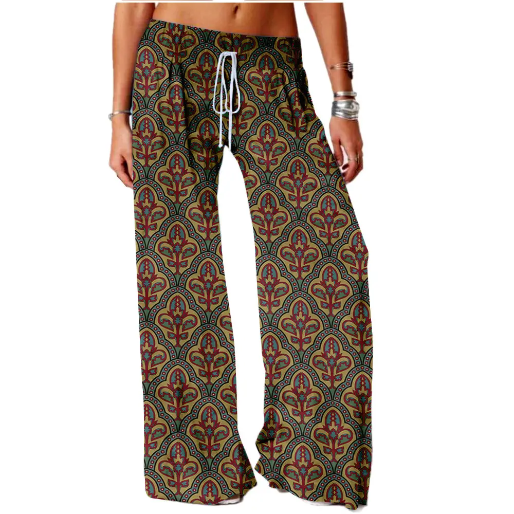 Women Vintage Printed Yoga Pants Brown Wide Leg