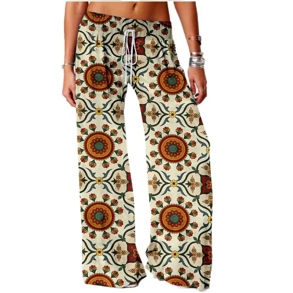 Women Vintage Printed Yoga Pants Brown Wide Leg