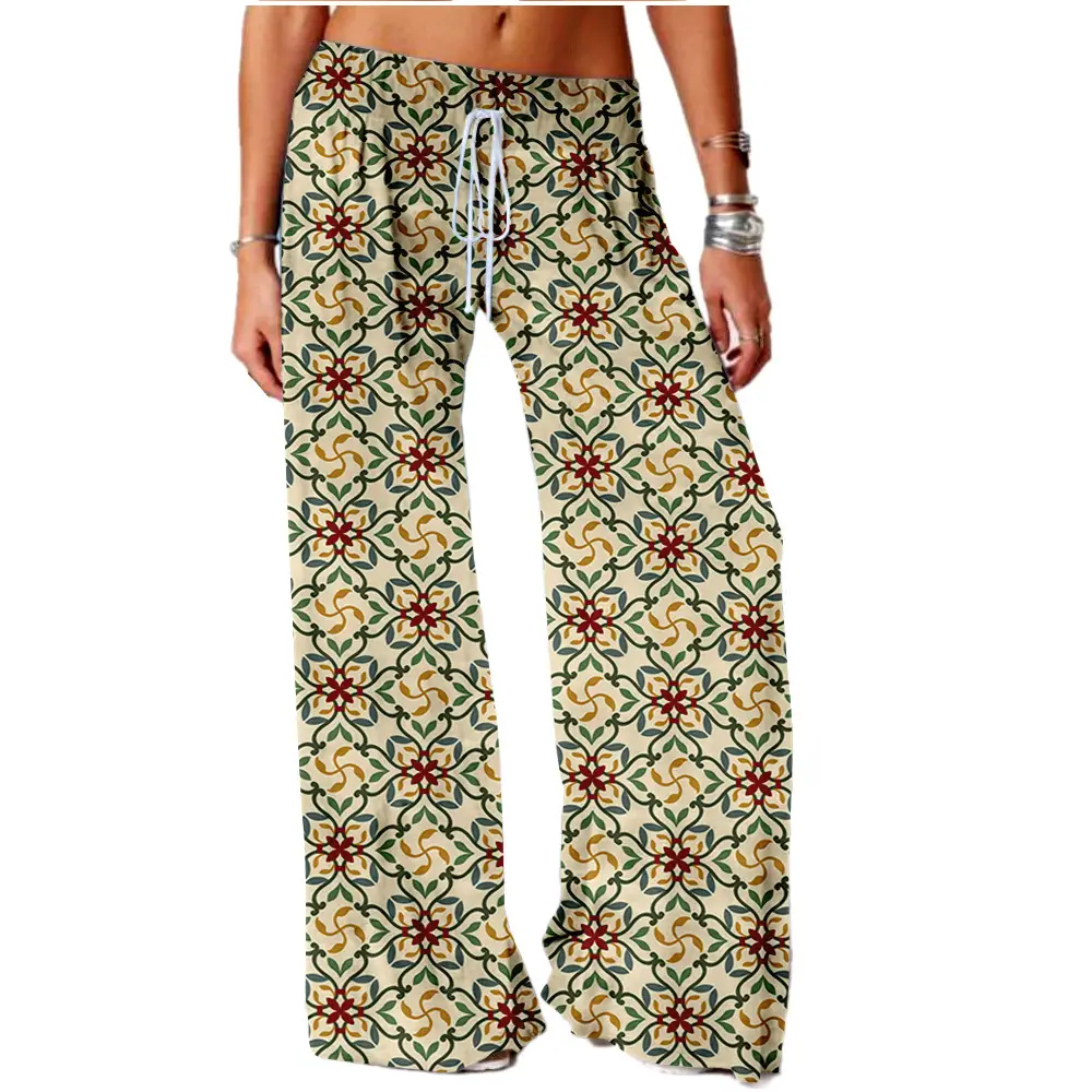 Women Vintage Printed Yoga Pants Brown Wide Leg