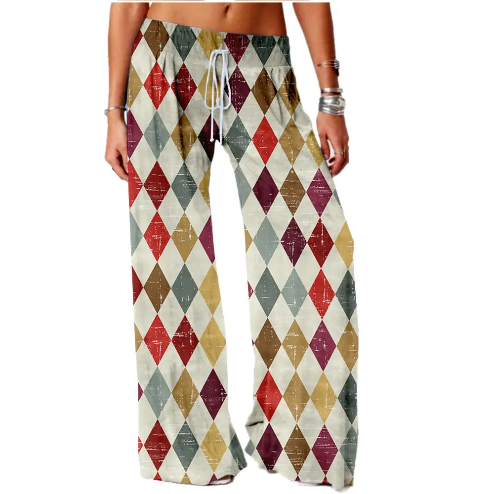 Women Vintage Printed Yoga Pants Brown Wide Leg
