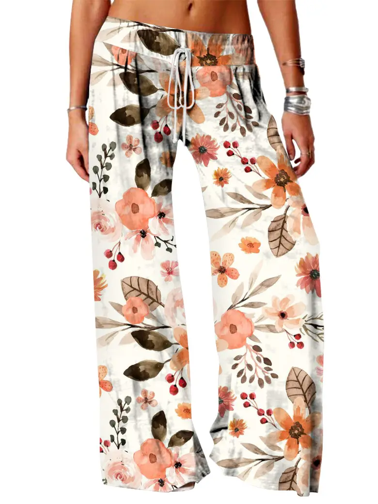 Women Vintage Printed Yoga Pants Brown Wide Leg