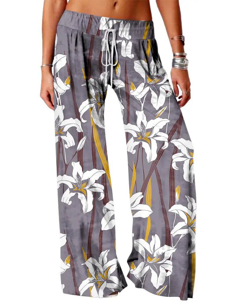 Women Vintage Printed Yoga Pants Brown Wide Leg
