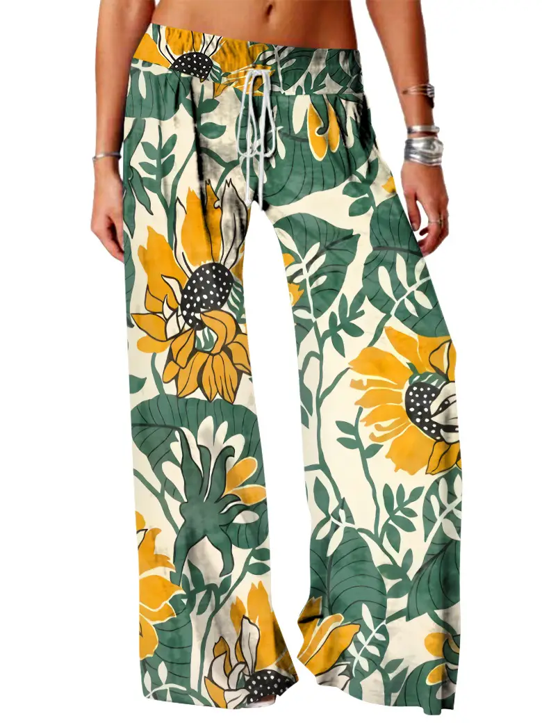 Women Vintage Printed Yoga Pants Brown Wide Leg