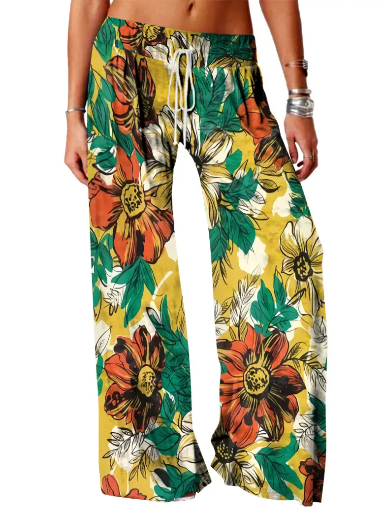 Women Vintage Printed Yoga Pants Brown Wide Leg