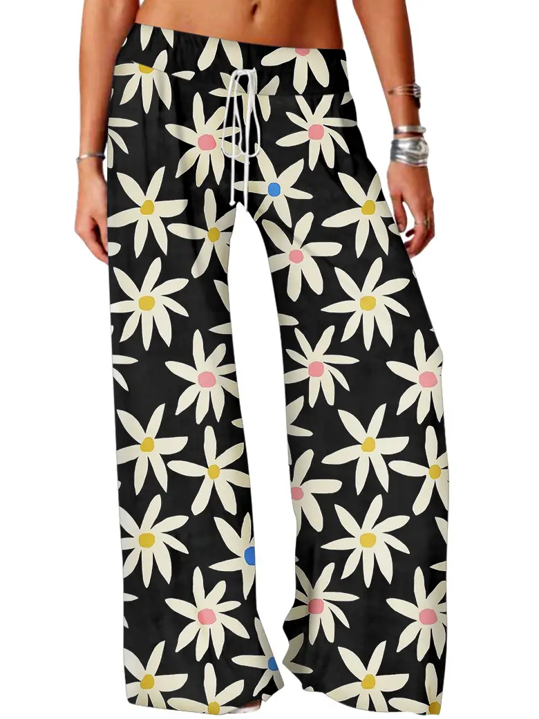 Women Vintage Printed Yoga Pants Brown Wide Leg
