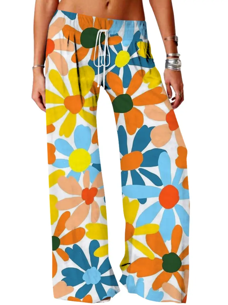 Women Vintage Printed Yoga Pants Brown Wide Leg