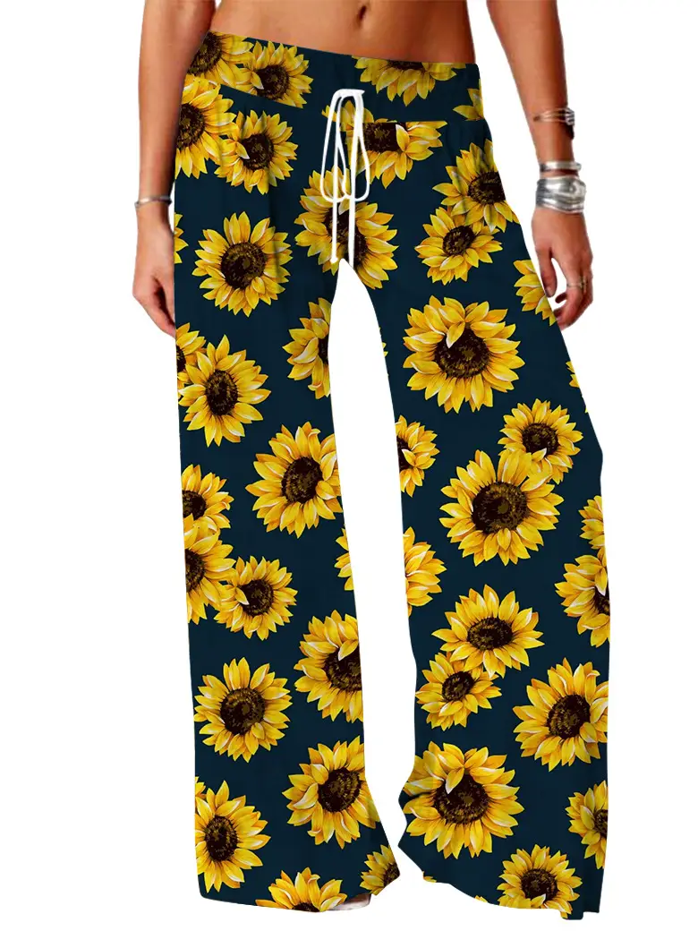 Women Vintage Printed Yoga Pants Brown Wide Leg