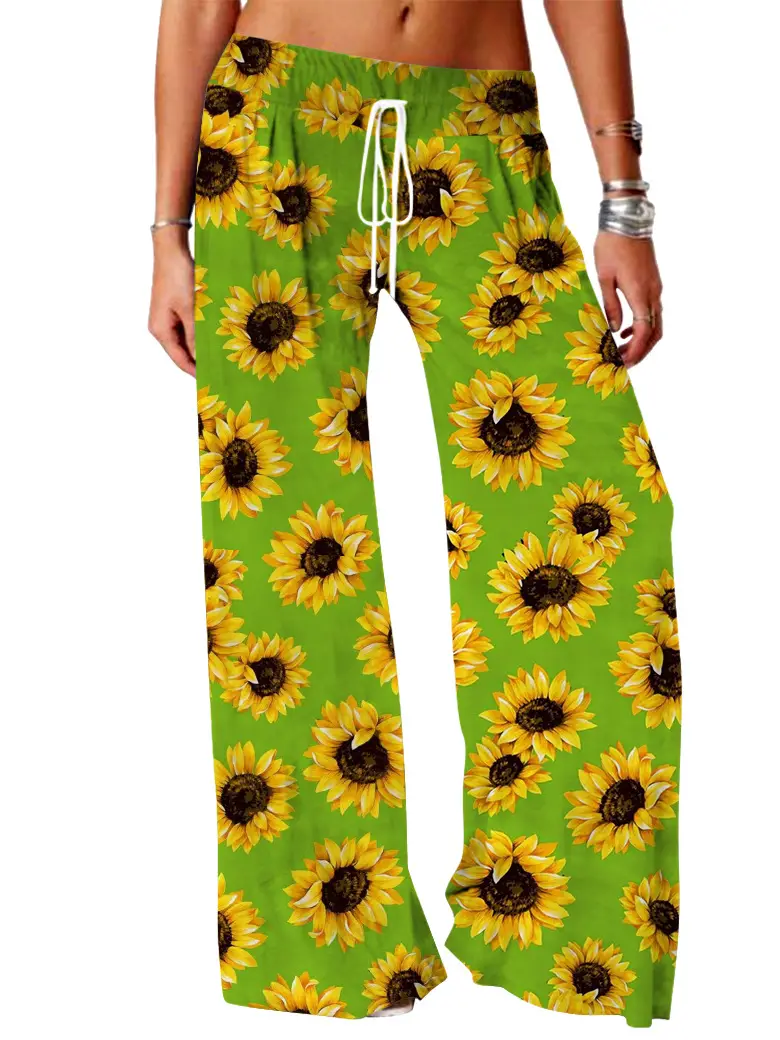 Women Vintage Printed Yoga Pants Brown Wide Leg