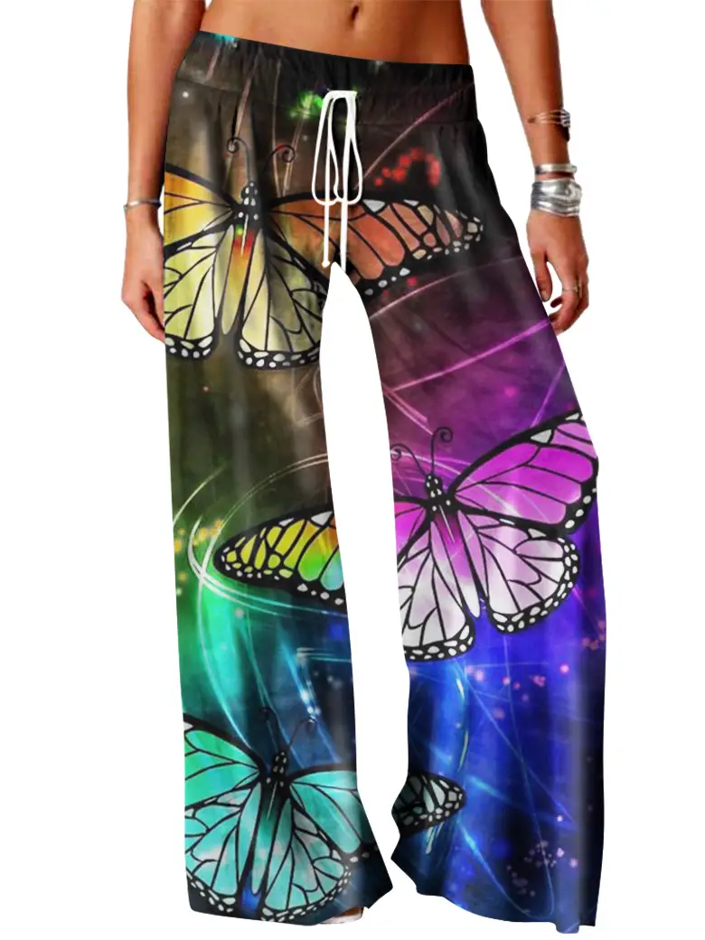 Women Vintage Printed Yoga Pants Brown Wide Leg