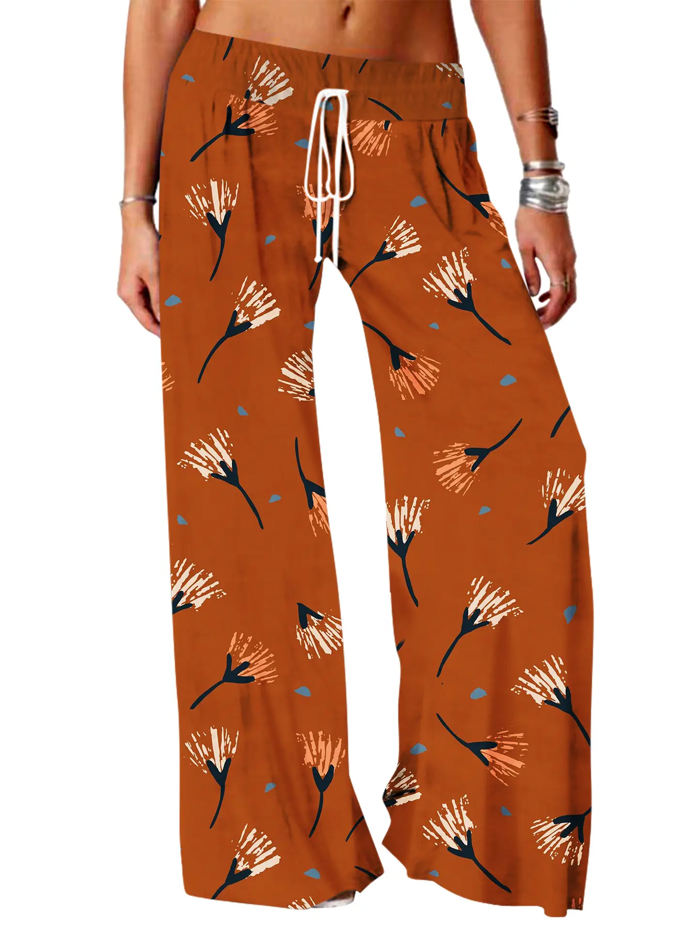 Women Vintage Printed Yoga Pants Brown Wide Leg