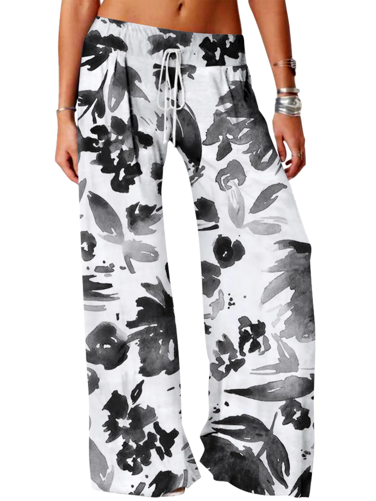 Women Vintage Printed Yoga Pants Brown Wide Leg