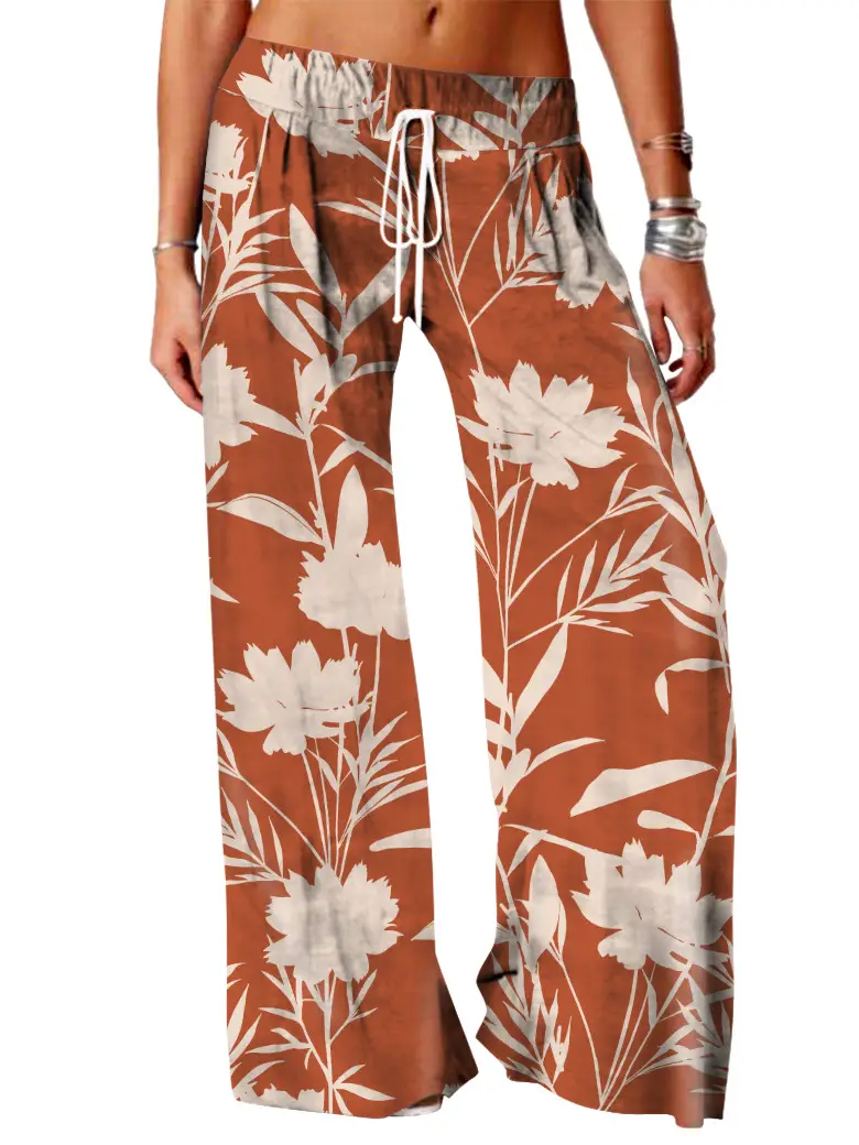 Women Vintage Printed Yoga Pants Brown Wide Leg