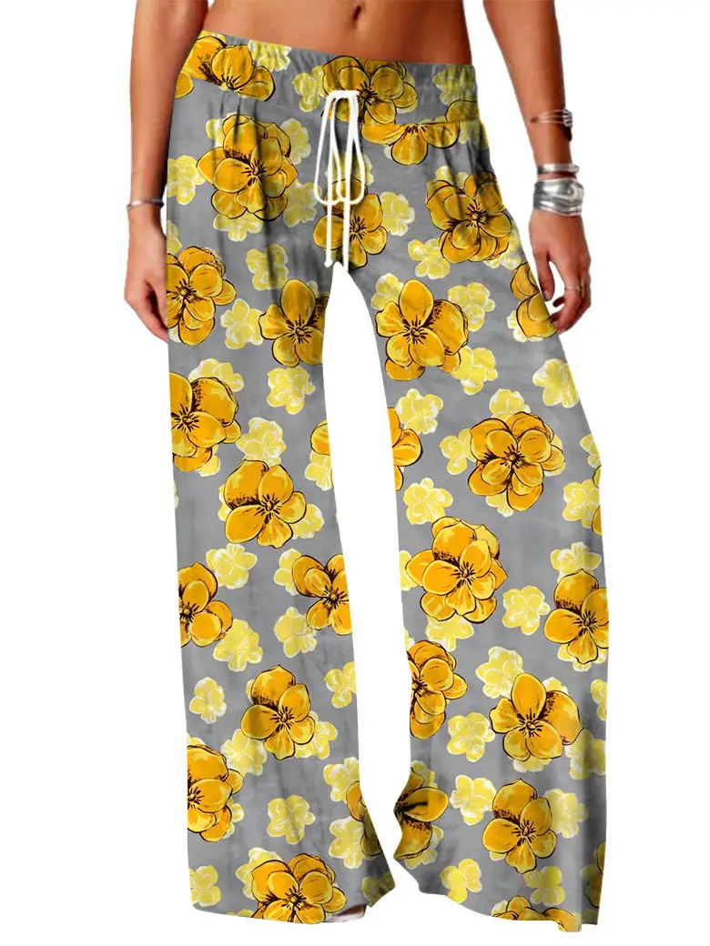 Women Vintage Printed Yoga Pants Brown Wide Leg