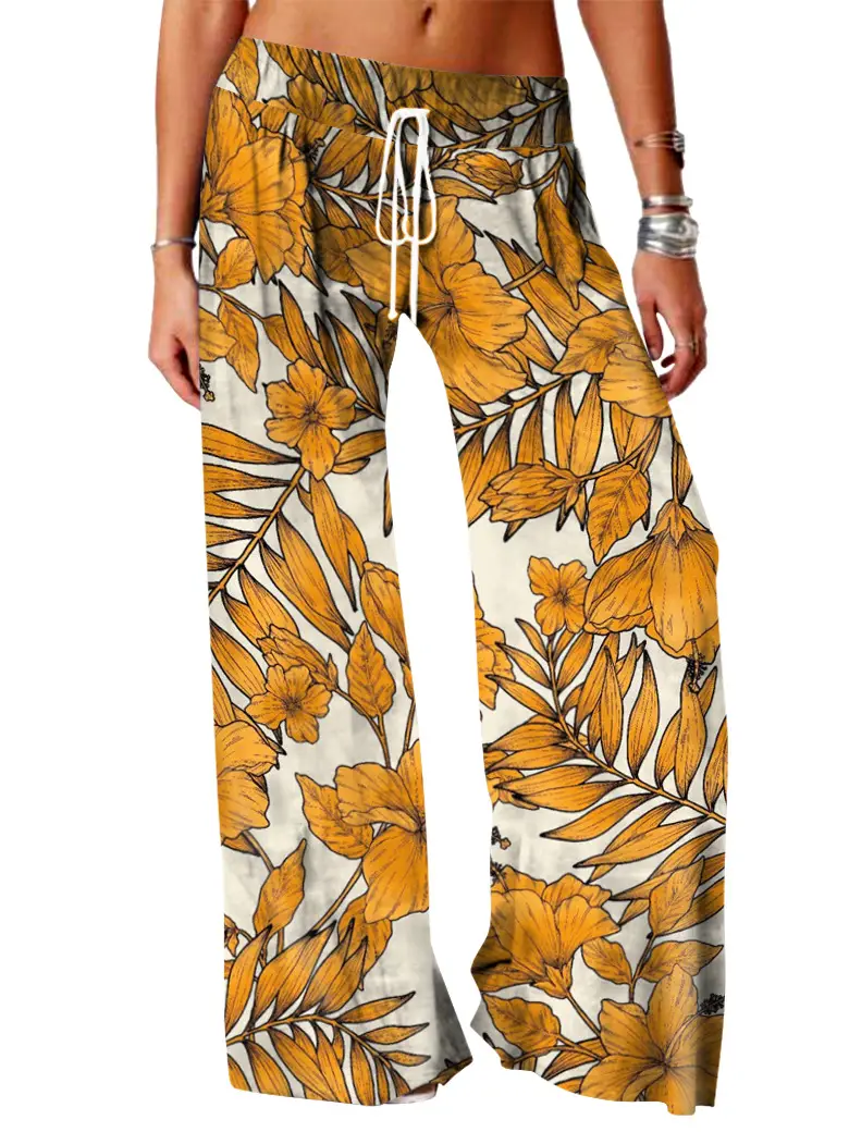 Women Vintage Printed Yoga Pants Brown Wide Leg