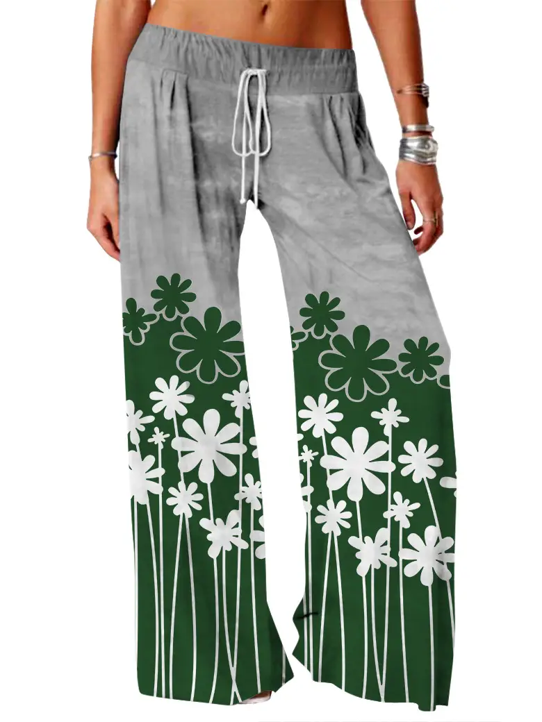 Women Vintage Printed Yoga Pants Brown Wide Leg
