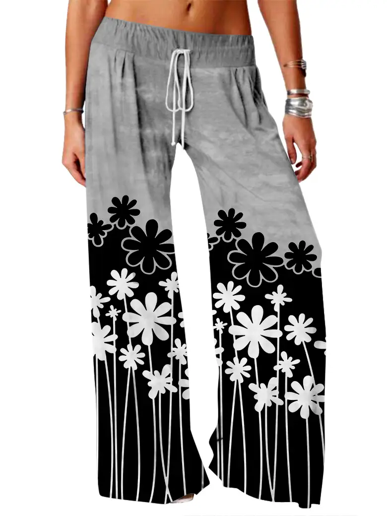 Women Vintage Printed Yoga Pants Brown Wide Leg