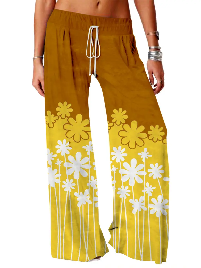 Women Vintage Printed Yoga Pants Brown Wide Leg