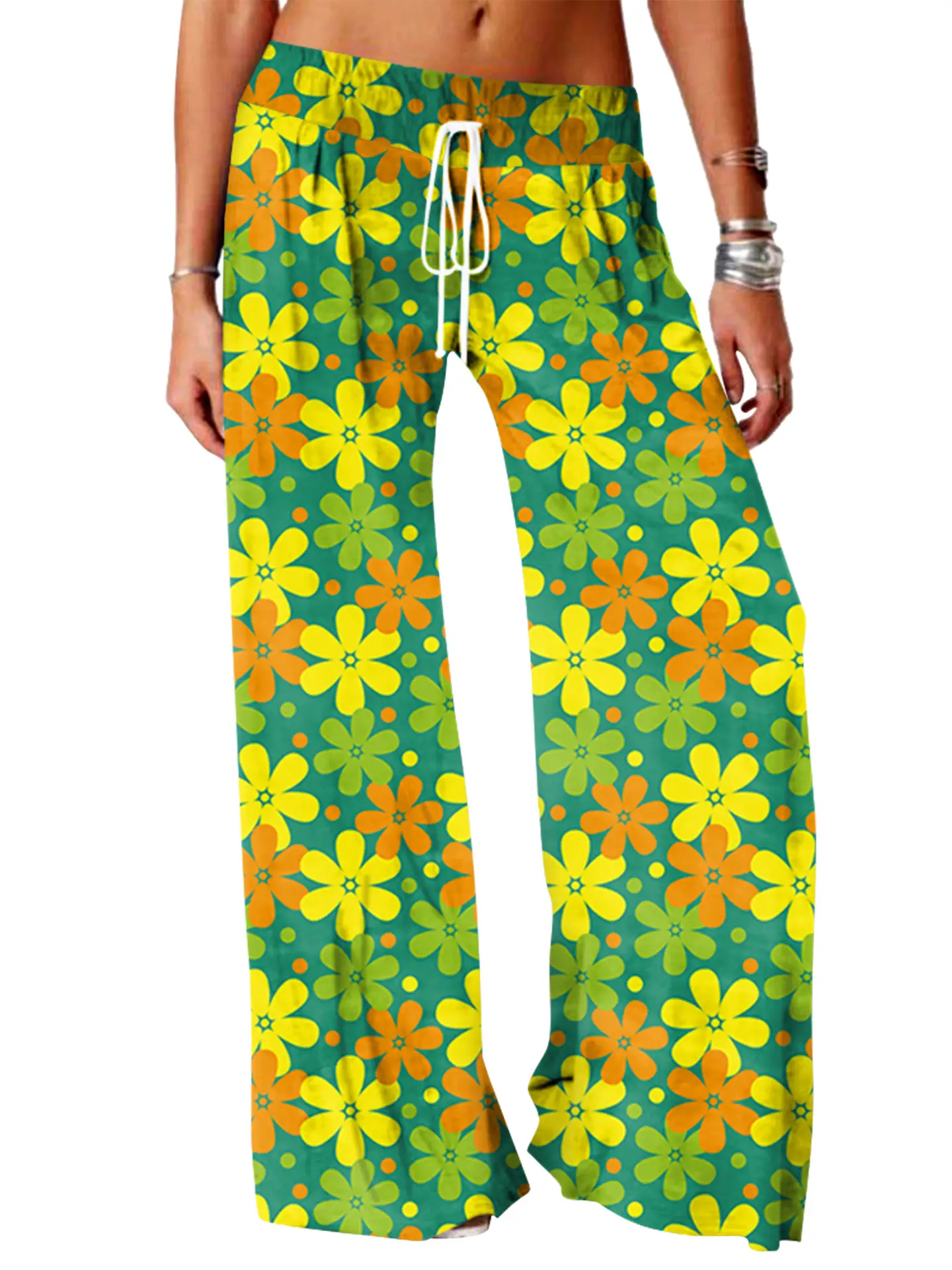Women Vintage Printed Yoga Pants Brown Wide Leg