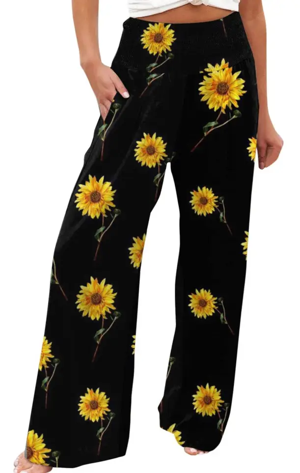 Women Vintage Printed Yoga Pants Brown Wide Leg