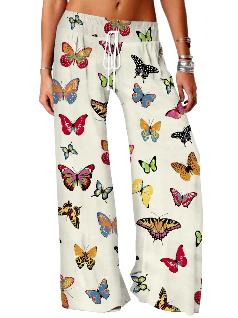 Women Vintage Printed Yoga Pants Brown Wide Leg