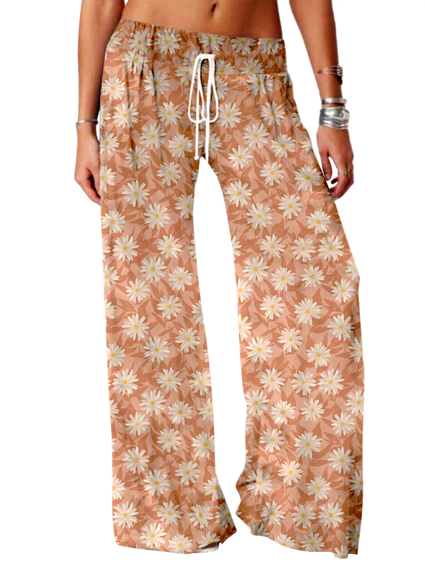 Women Vintage Printed Yoga Pants Brown Wide Leg