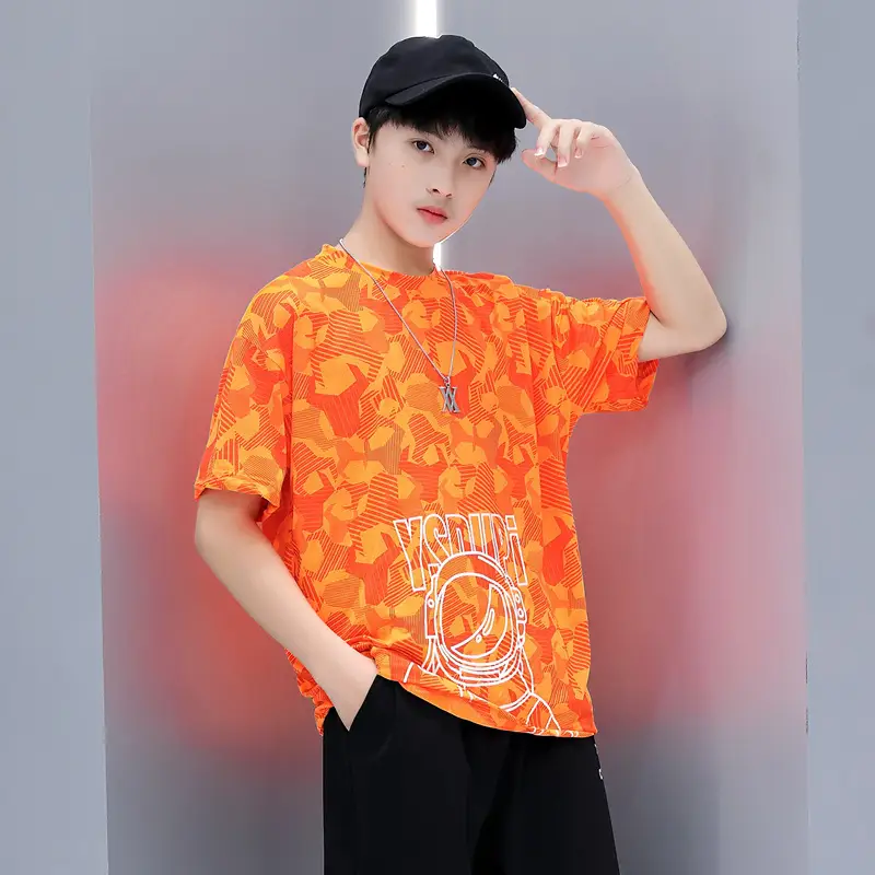 Boys Orange Printed Short Sleeve T-Shirt Western Style - Image 7