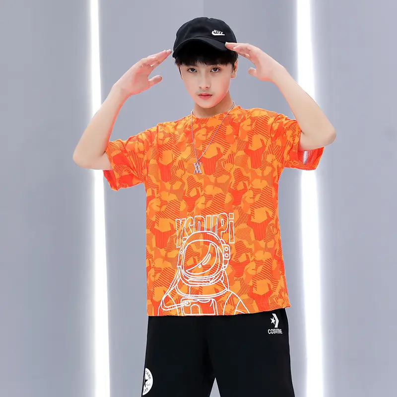 Boys Orange Printed Short Sleeve T-Shirt Western Style - Image 2