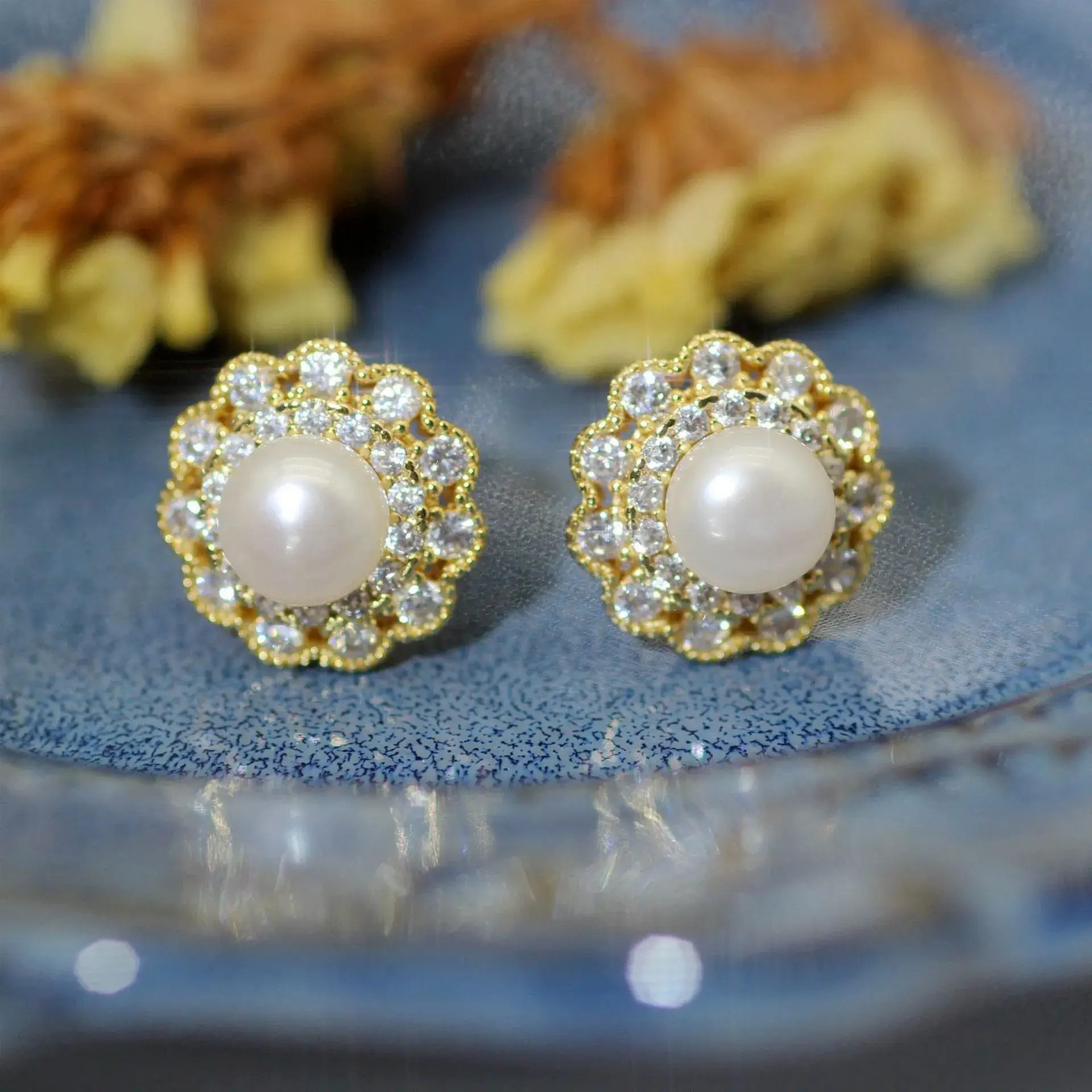 Vintage Pearl Earrings with Star Accents Gold Plated - Image 2