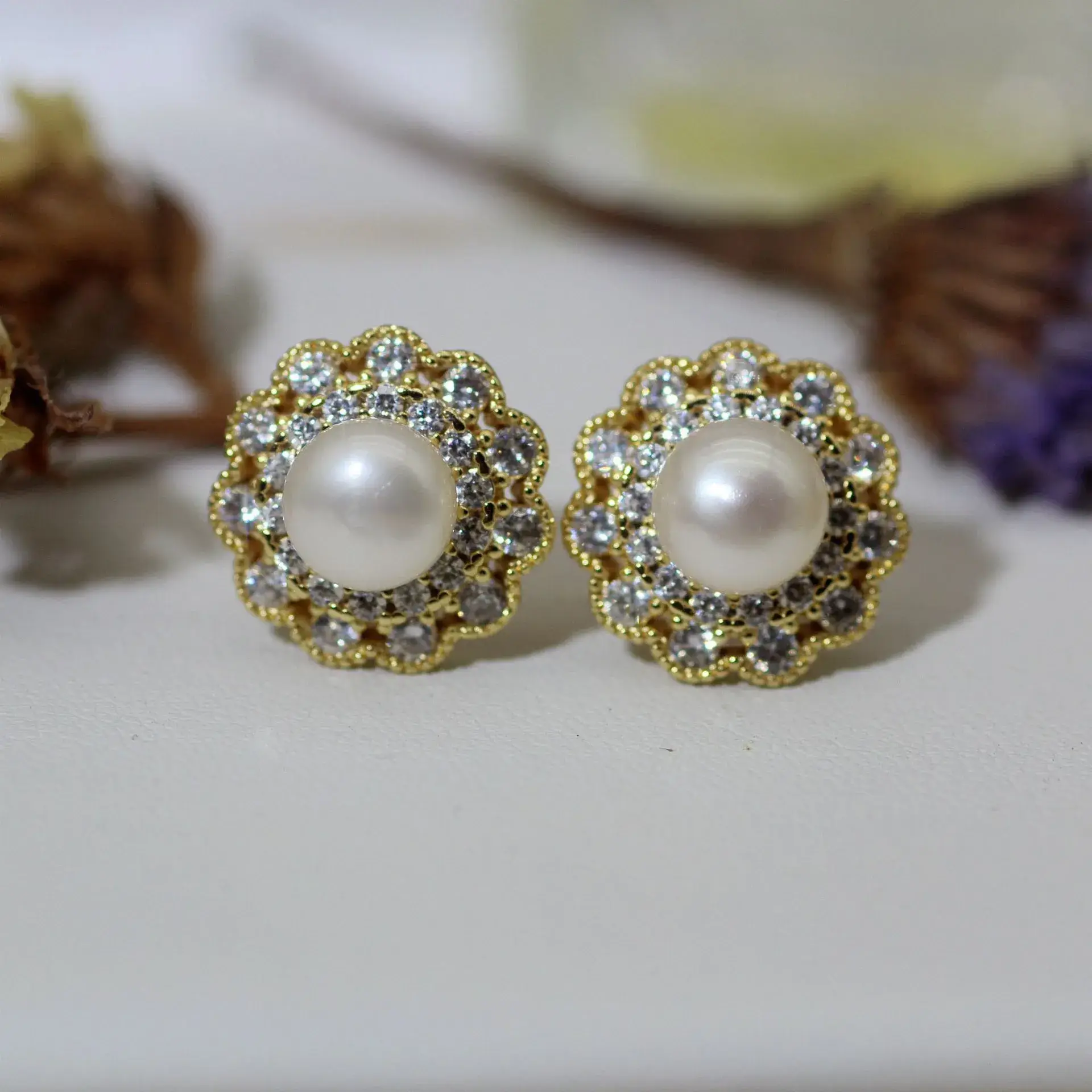 Vintage Pearl Earrings with Star Accents Gold Plated - Image 4