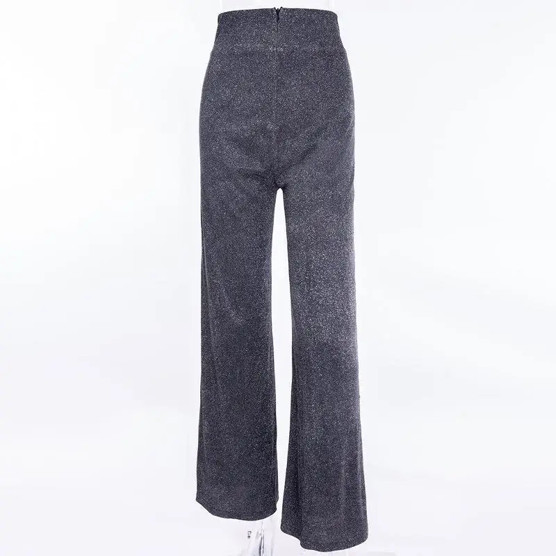 Women Wide Leg Pants Silver Glitter High Waist Loose Fit - Image 3