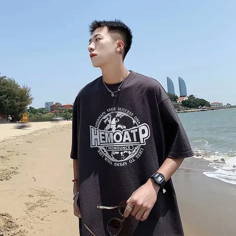Men's Black Hong Kong Style T-Shirt Loose Fit Summer