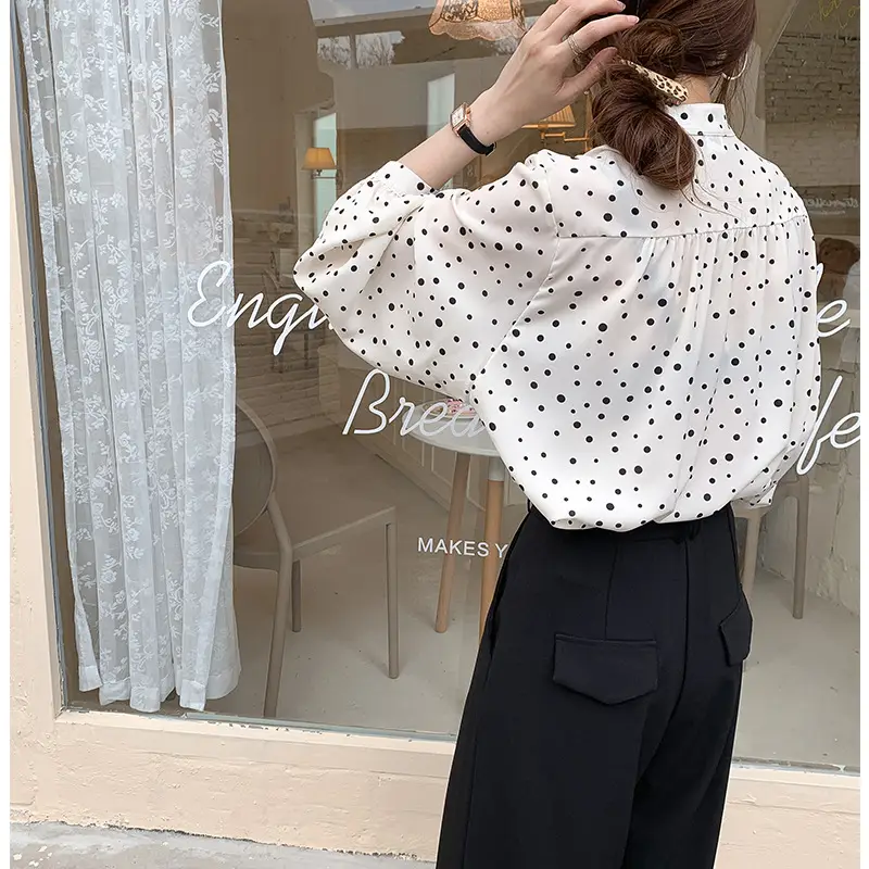 Women's Black Polka Dot Chiffon Sweatshirt Early Spring - Image 4