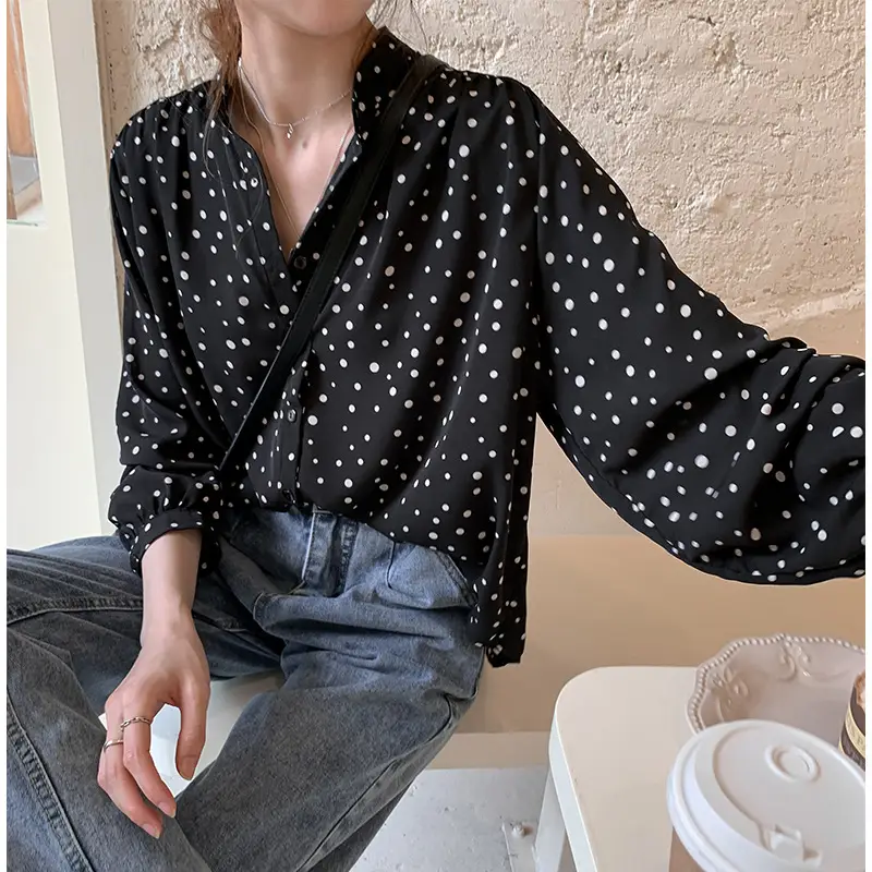 Women's Black Polka Dot Chiffon Sweatshirt Early Spring - Image 2