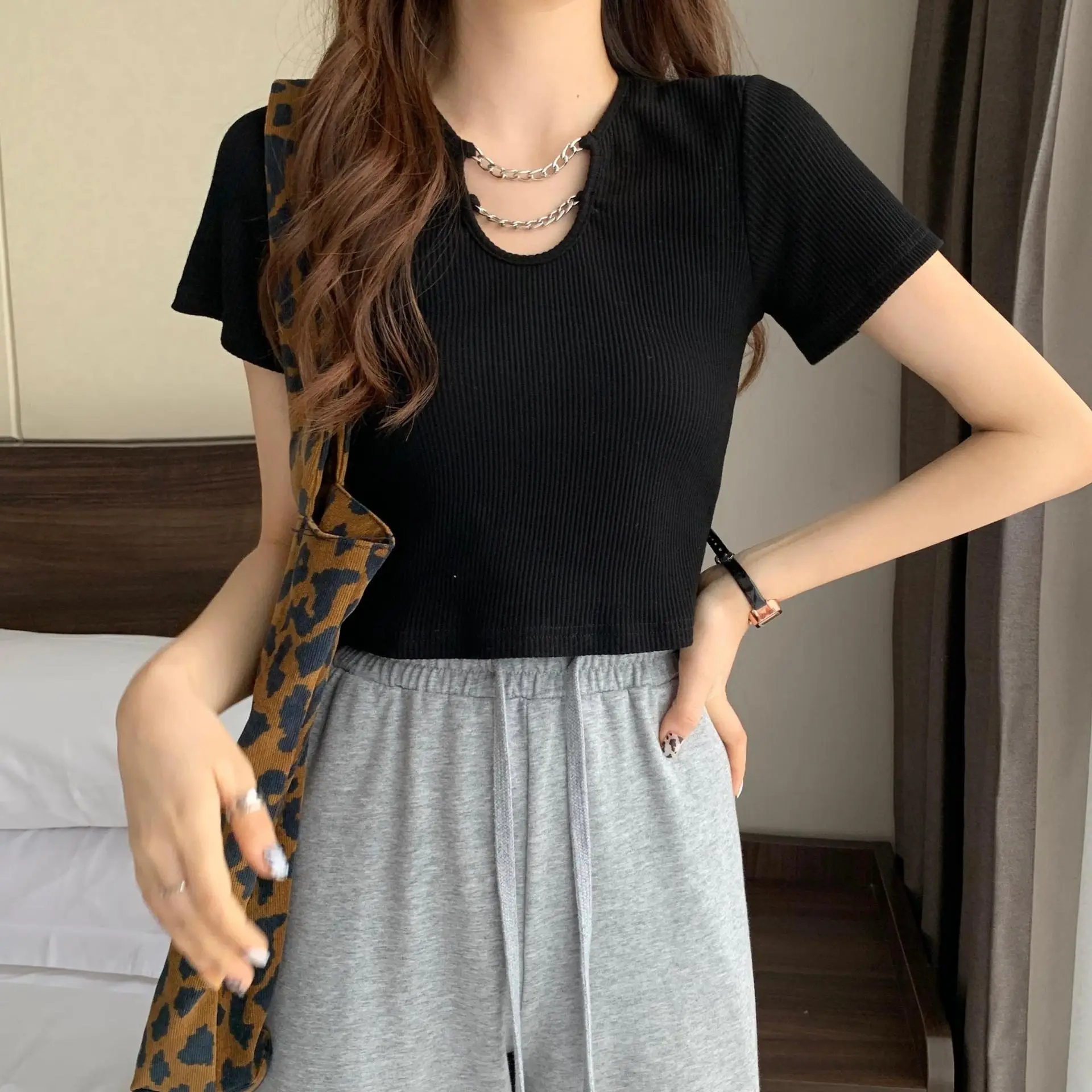 Women Blue Short Sleeve T-Shirt High Waist Pants Set