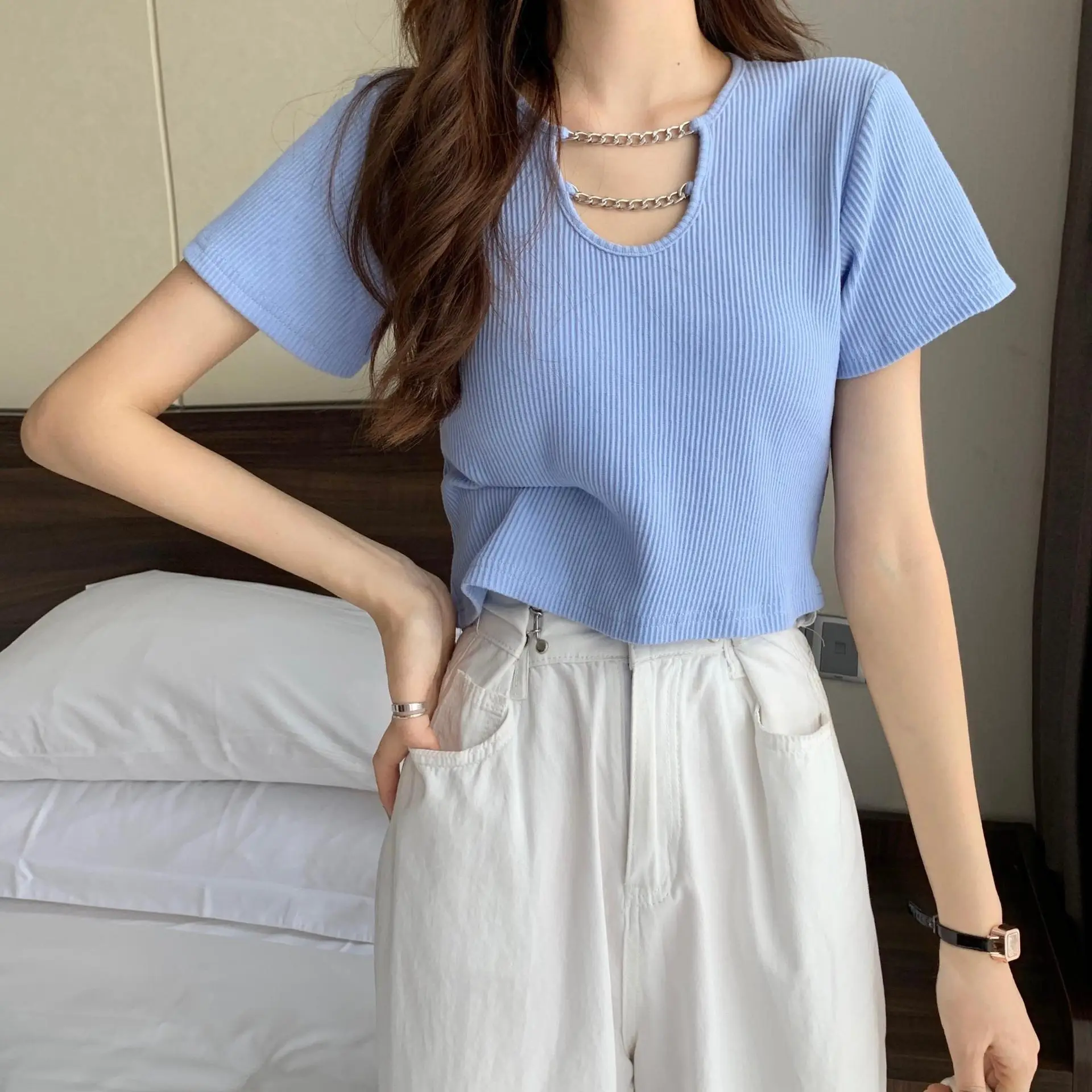Women Blue Short Sleeve T-Shirt High Waist Pants Set