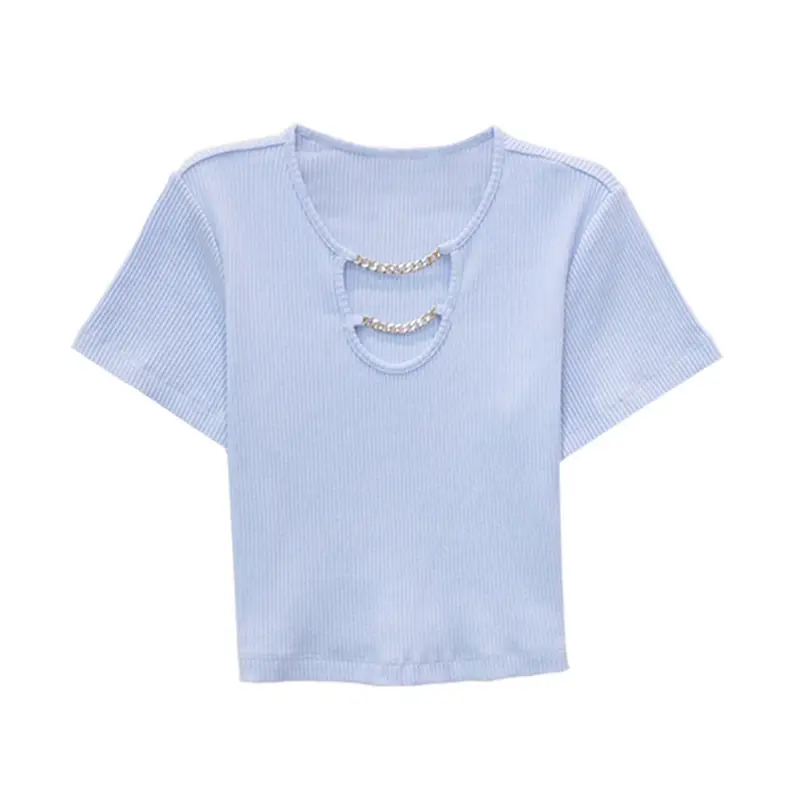 Women Blue Short Sleeve T-Shirt High Waist Pants Set