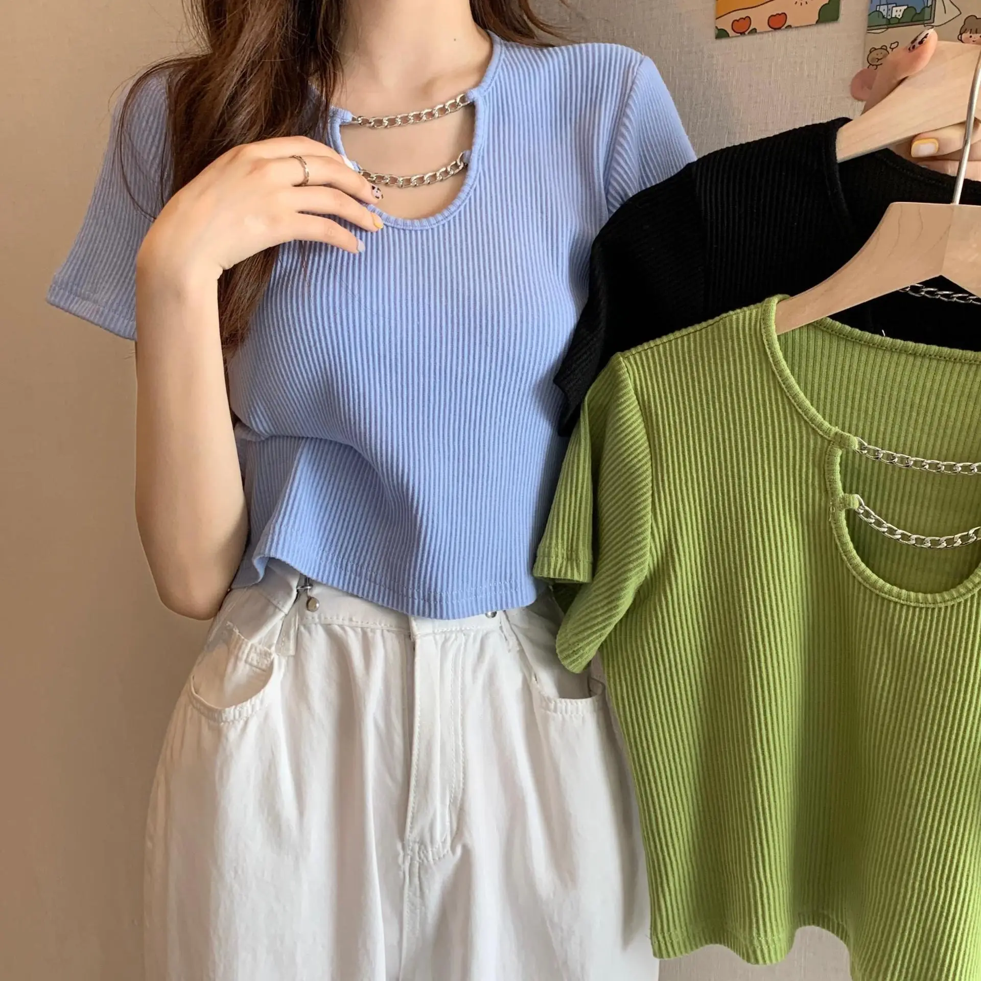 Women Blue Short Sleeve T-Shirt High Waist Pants Set — feature 1