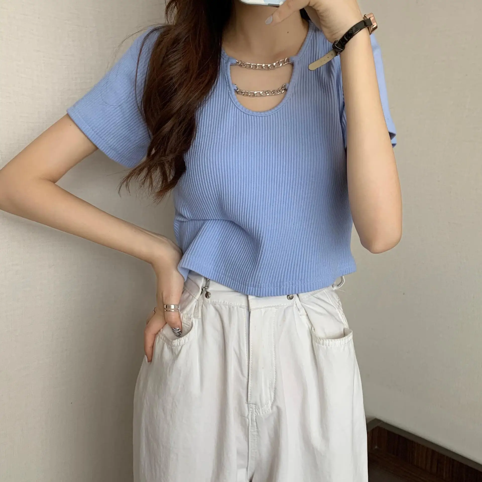 Women Blue Short Sleeve T-Shirt High Waist Pants Set — feature 10